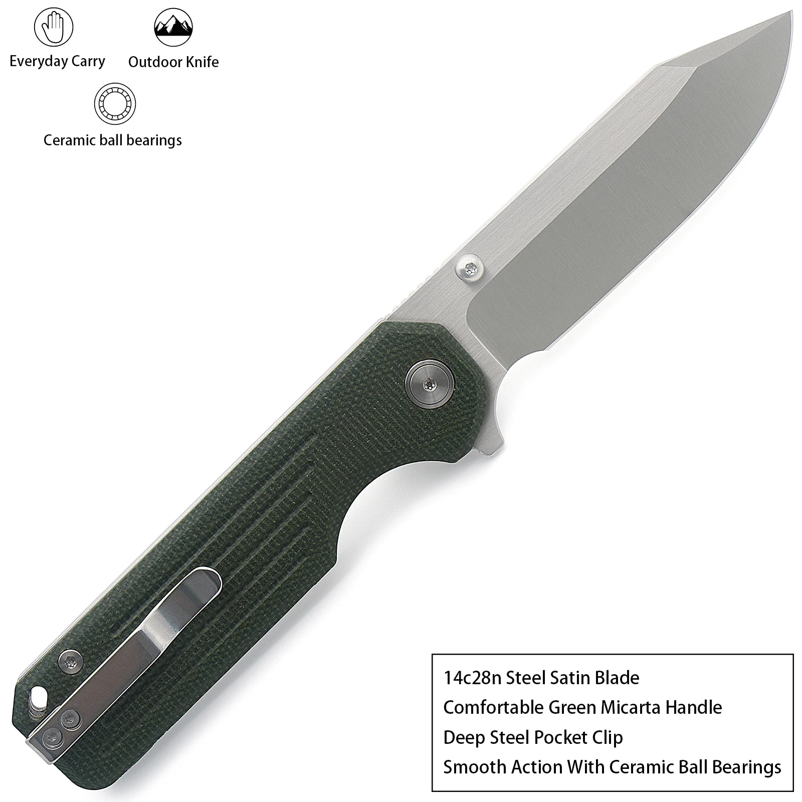 Imagem -06 - Ameight-gladiador Flipper Faca Dobrável 3.75 Satin Lâmina 14c28n Lâmina Verde Punho Micarta Sobrevivência Camping Facas