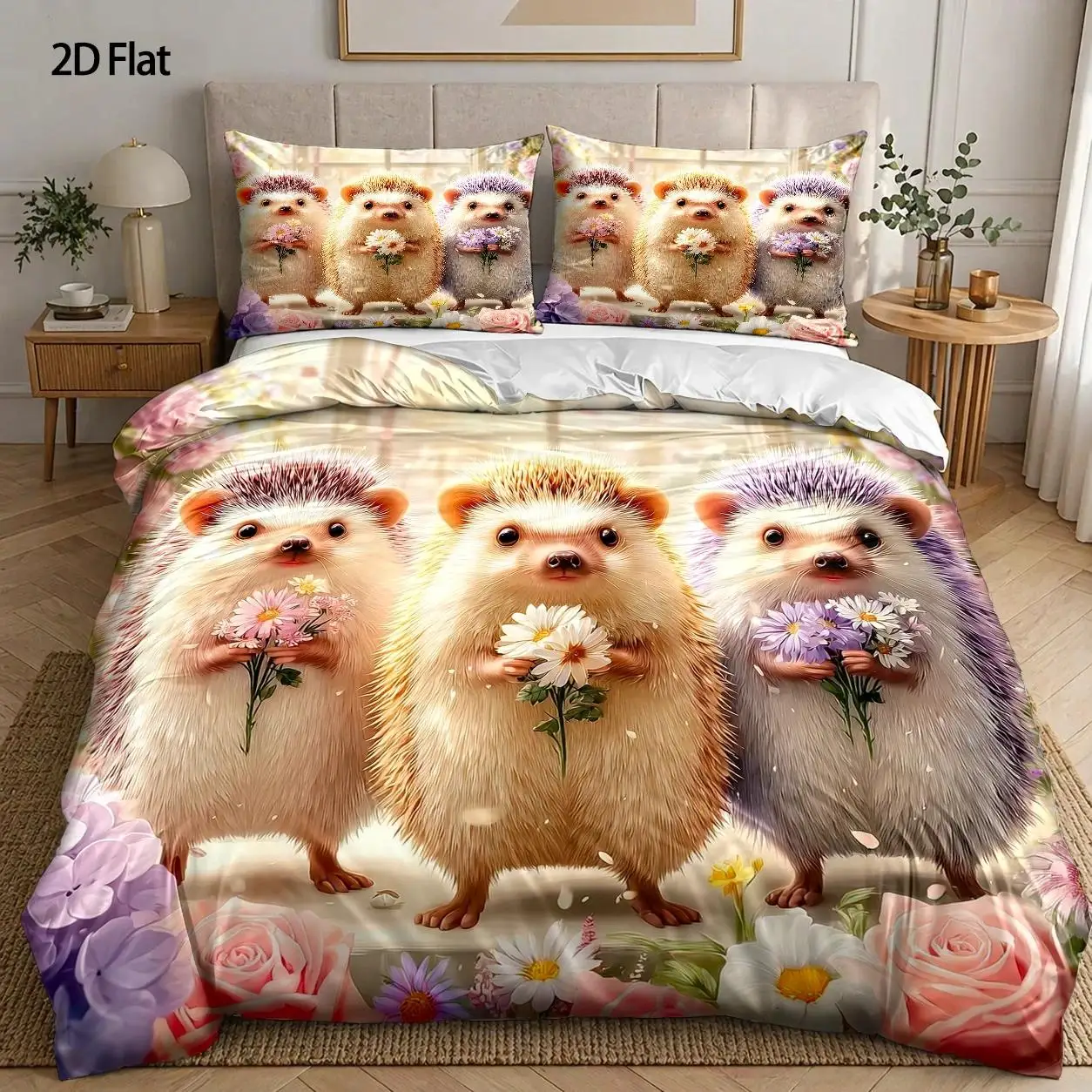 3-Piece Duvet Cover Set, 1 Duvet Cover + 2 Pillowcases (Without Filling), Hedgehog Bouquet Theme, Dreamy Style, Spring, Cute Home Decor, Suitable for All Seasons, Machine Washable, Hidden Zipper, Suitable for Bedroom, Dormitory, Master Bedroom, Guest Room