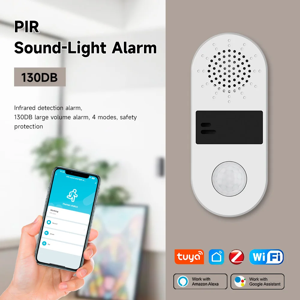 Tuya-Alarme de Som e Luz com Sensor de Movimento PIR, Detector Infravermelho Humano, Segurança Vida Inteligente, Funciona com Alexa e Google Home, WiFi, 130DB