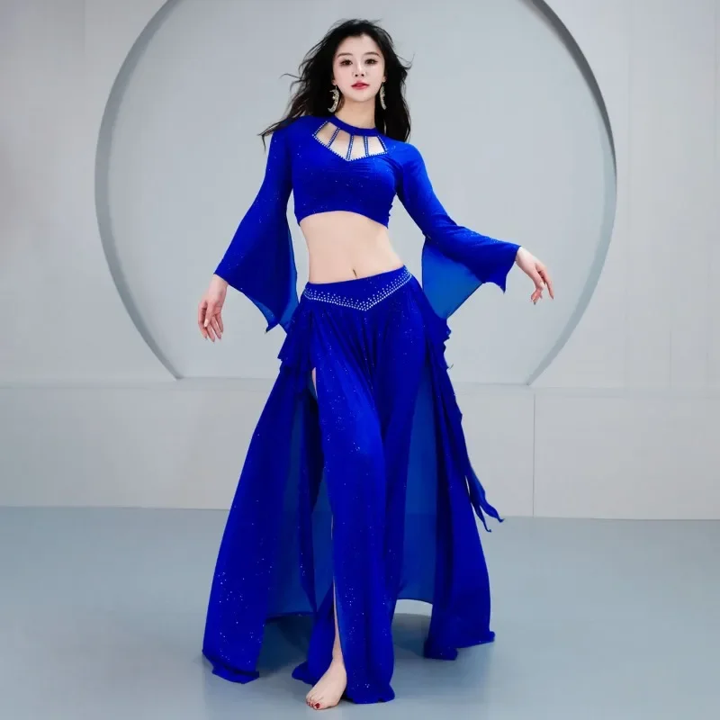 Costumes de danse du ventre personnalisés, nouvel ensemble, haut à manches longues, tenue d'entraînement, ruban de feuille de lotus, jupe longue fendue avec pantalon de sécurité, 2 pièces