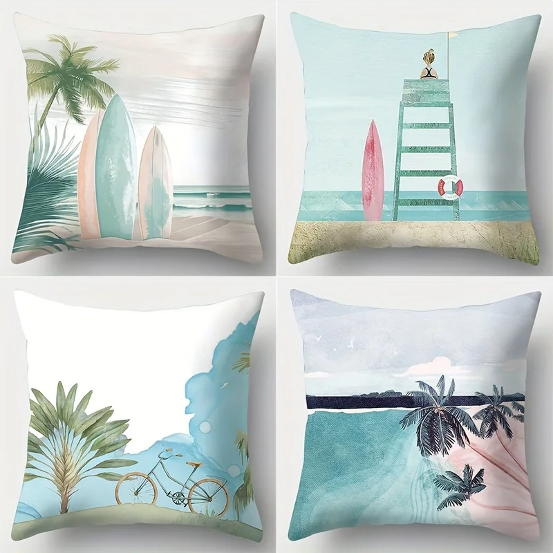 1PC 2D Flat Coastal Beach Scene Throw Pillow Covers Tropical Surf Lifeguard Bike Vacation Home Decor Cushion Cases