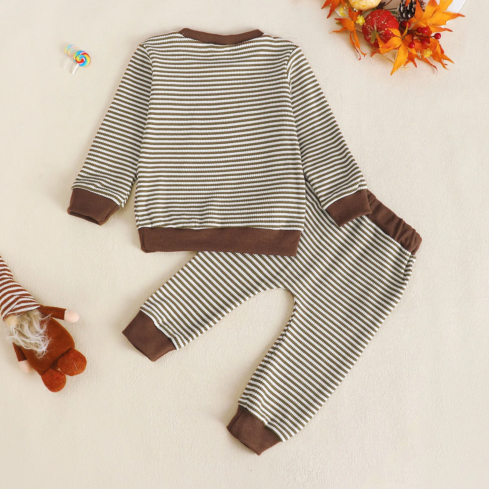 Infant Boys Thanksgiving Turkey Embroidered Striped Long Sleeve Outfit Spring Autumn Seasonal Baby Clothing Set