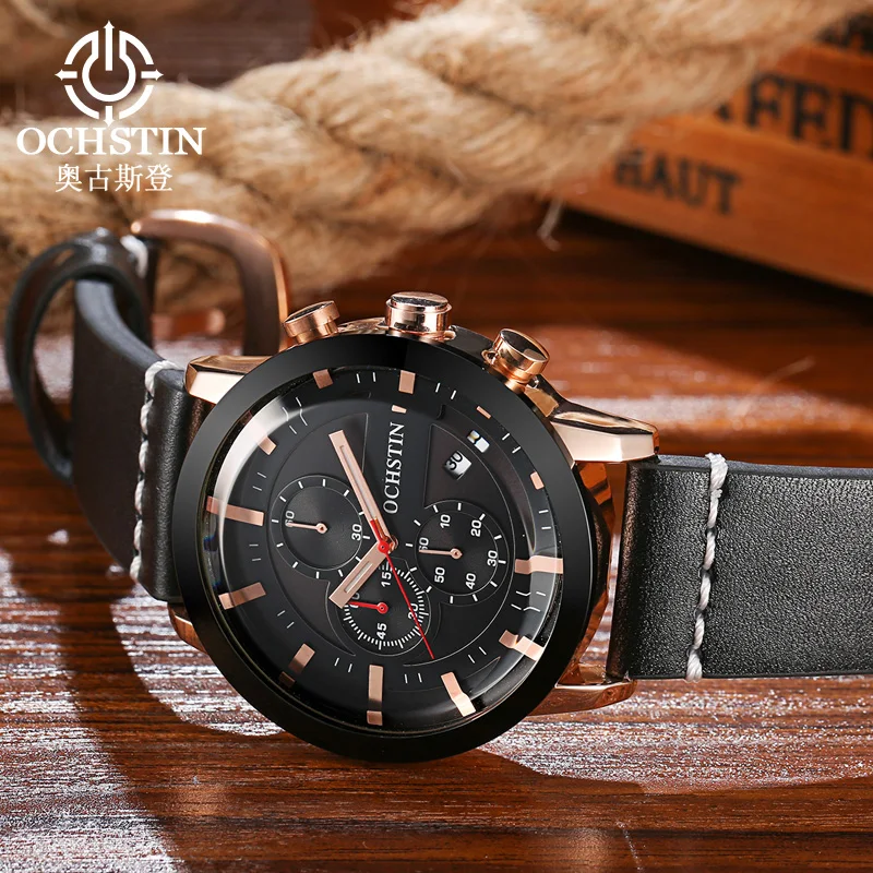 OCHSTIN Men Genuine Leather Strap Wristwatch Male Quartz Clock Men‘s Minimalist Fashion Waterproof Watch Gifts For Gentleman