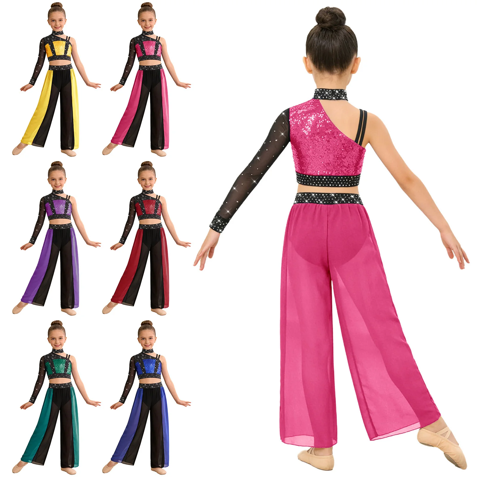 

Kids Girls Shiny Modern Lyrical Dance Crop Top with Split Chiffon Pants Figure Skating Gymnastics Acrobatics Performance Costume