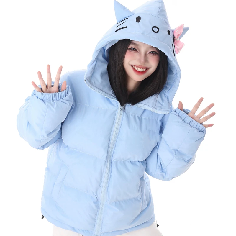 Chaqueta con capucha de dibujos animados para estudiantes adolescentes, Parkas con bordado de letras de gato lindo y dulce japonés, abrigo de algodón grueso, ropa cálida de invierno