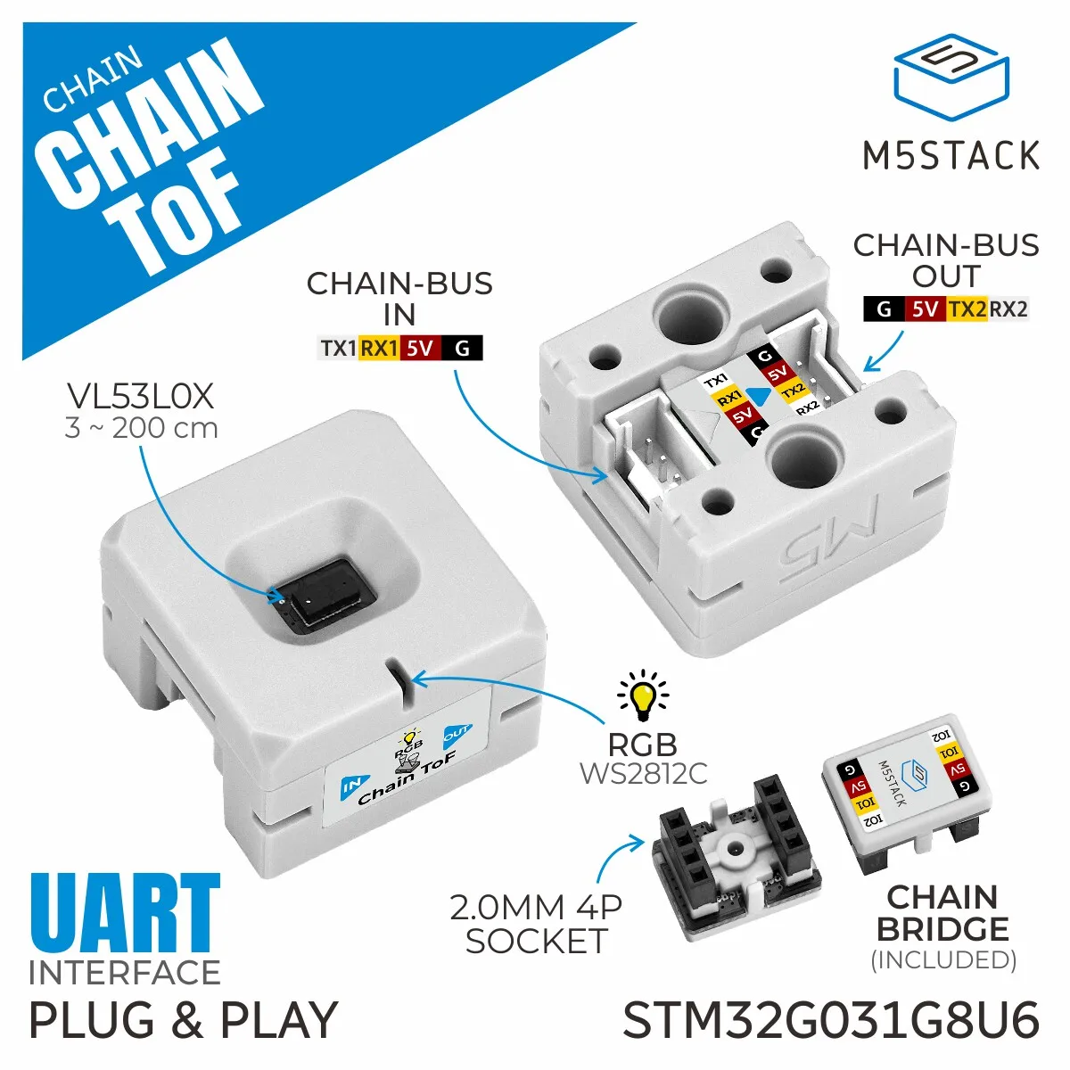 M5Stack Official Chain ToF Laser Ranging Module VL53L0C Extendable Module for Chain Series
