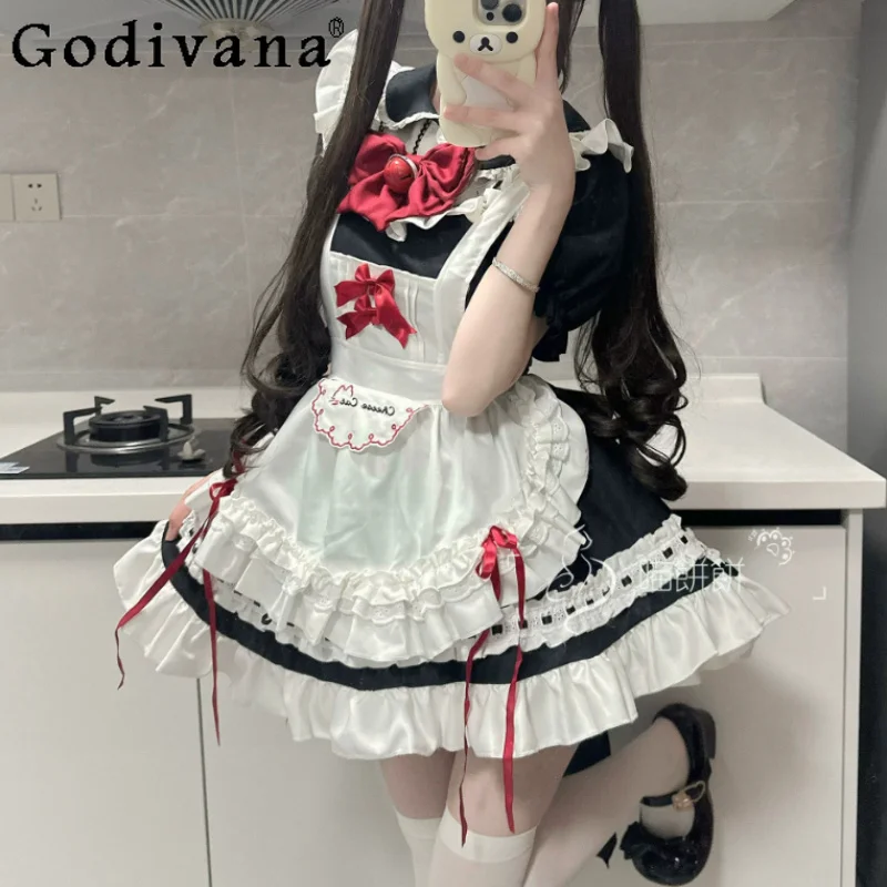 

New Plus Size Japanese Maid Cute Cos Lolita Princess Short Sleeve Dress Sweet Women High Waist A-line Bow Anime Party Dresses