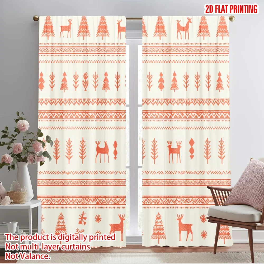 2pcs,2D plane printing Curtains Digital Printed Deer Nutcracker Christmas Trees (3) Polyester Easy Install (without rod)