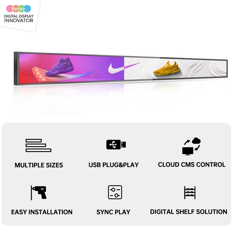 Shelf Edge Supermarket Touch Screen Display Stretched Bar Type Digital Signage Lcd Android Advertising