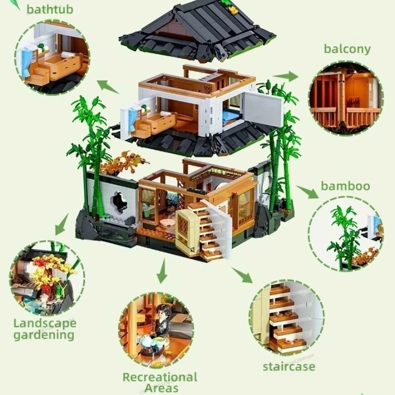 Serie di case retrò Building Block Bamboo Lodge assemblato Modello di costruzione di case in legno Street View Decorazione regalo