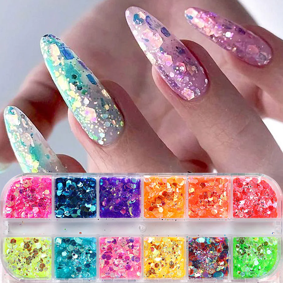 12 Grids Nail Art Glitter Sequins Mixed hexagon Heart Star Reflective Colorful Holographic Flakes Shiny Manicure Accessories