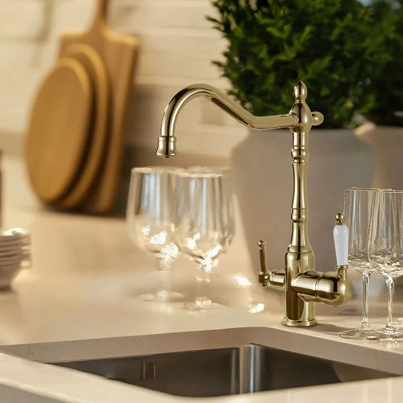 European style all copper Hot and Cold water mixer Kitchen Faucet Rotatable Multi-function Purified water faucet with spray head