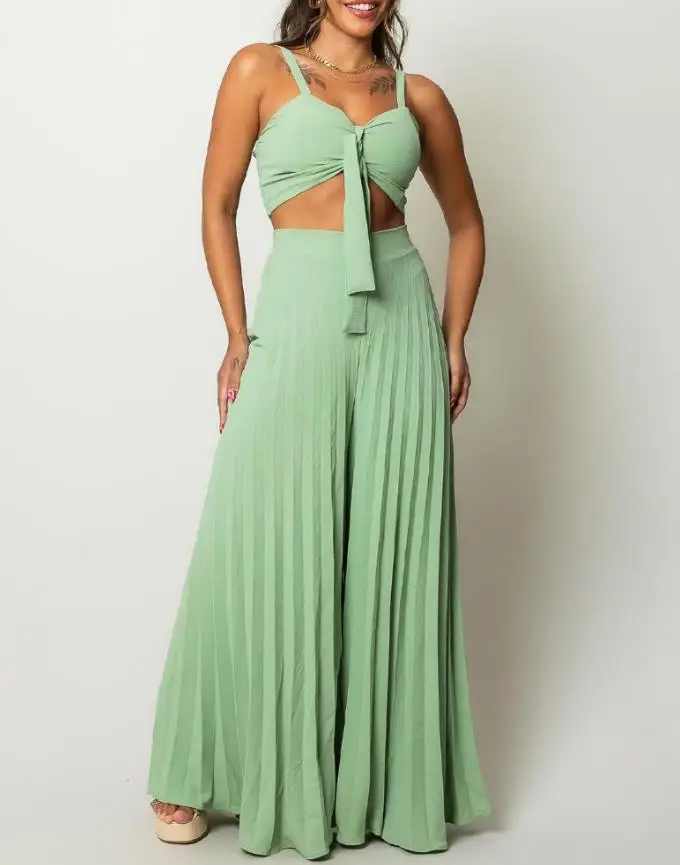 

Women's Beach Suit 2025 Spring Summer 2 Pieces Outfit Cold Shoulder Tied Detail Shirred Top Elastic West Fold Wide Leg Pants Set
