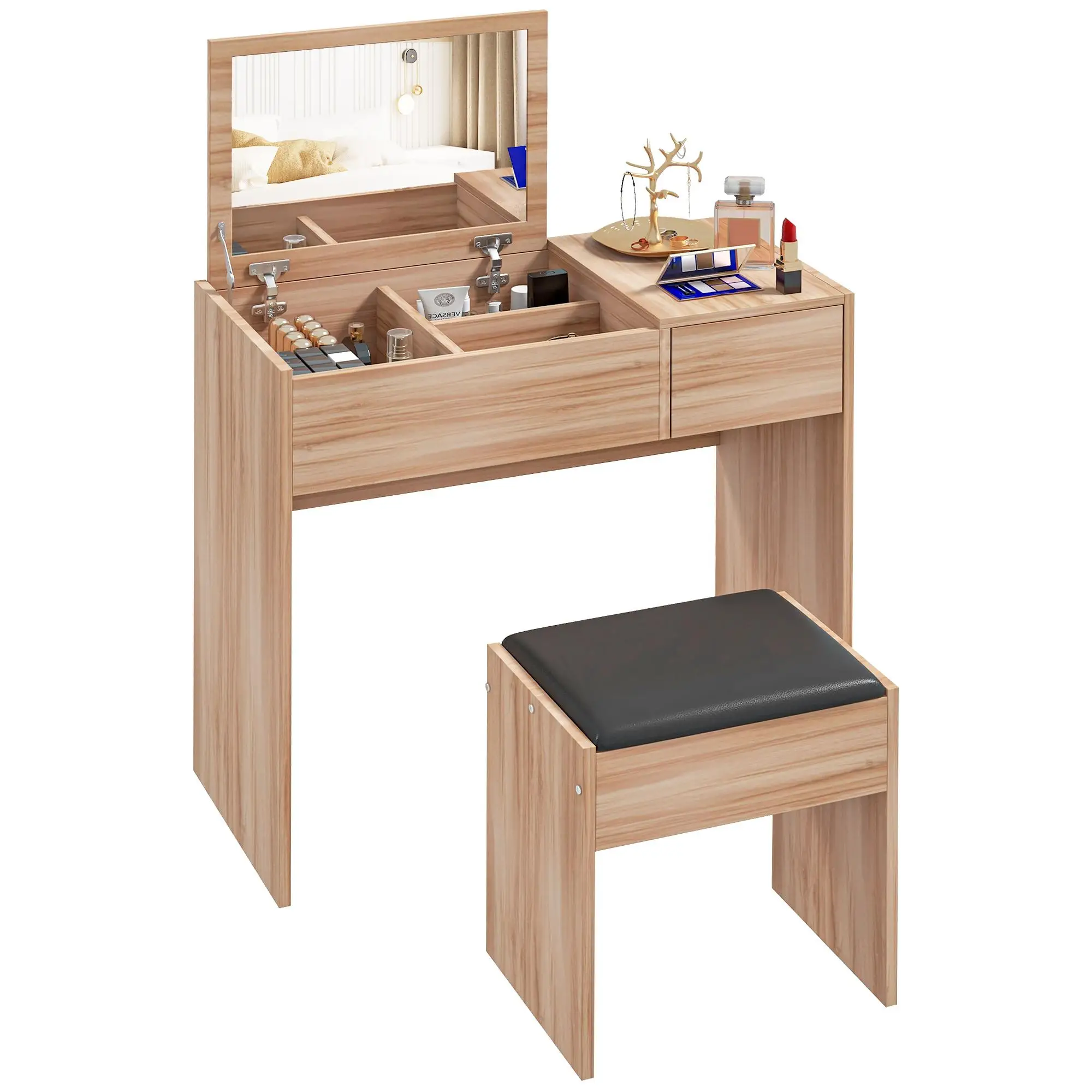 Coiffeuse HOMCOM avec couvercle à charnières et chaise - 80 × 40 × 79 cm, 3 boîtes + tiroir, fibre de particules E1