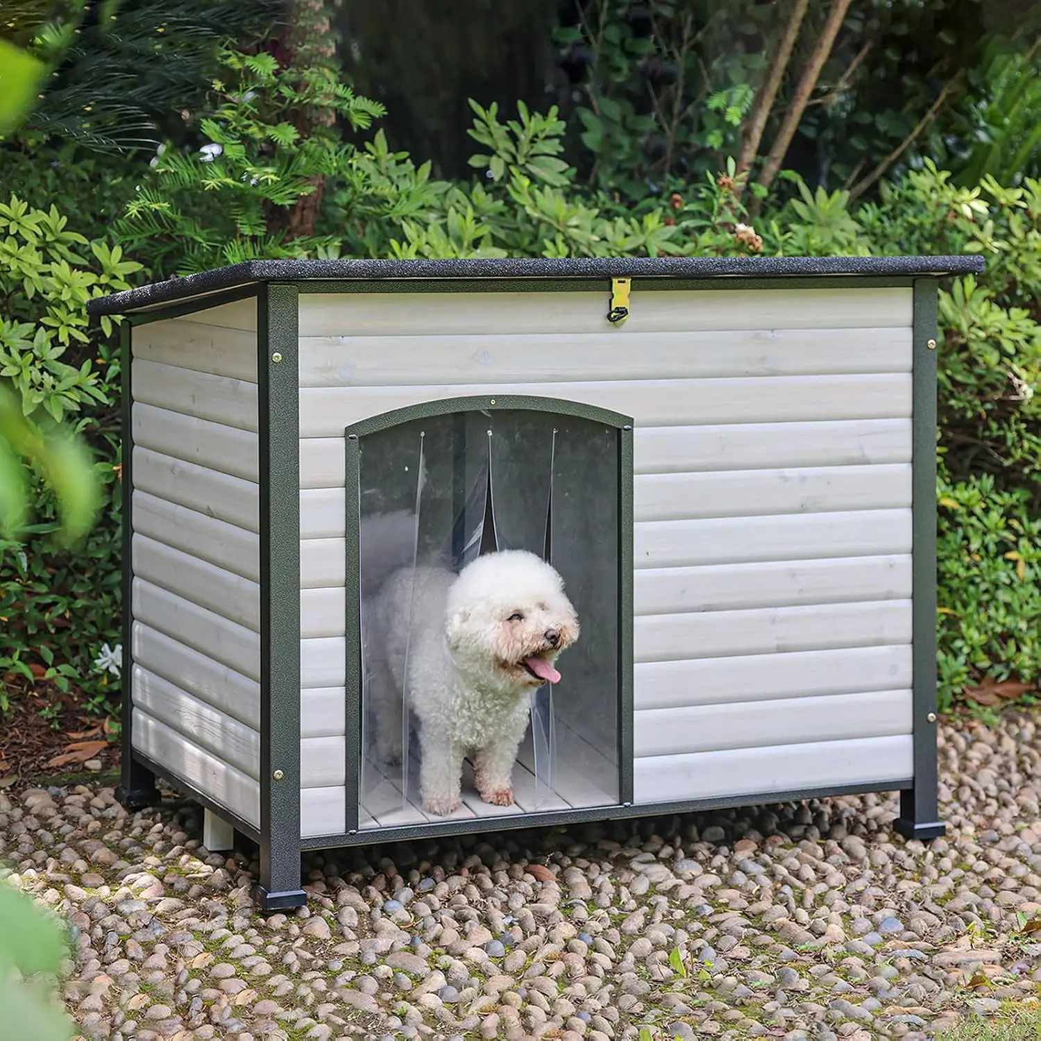 Weatherproof Wooden Dog House Outdoor Large Pet Kennel Shelter, Heavy Duty Raised Floor Protective Log Cabin With Waterproof Roof, Outside Animal Cage For Backyard Patio Lawn, White And Black