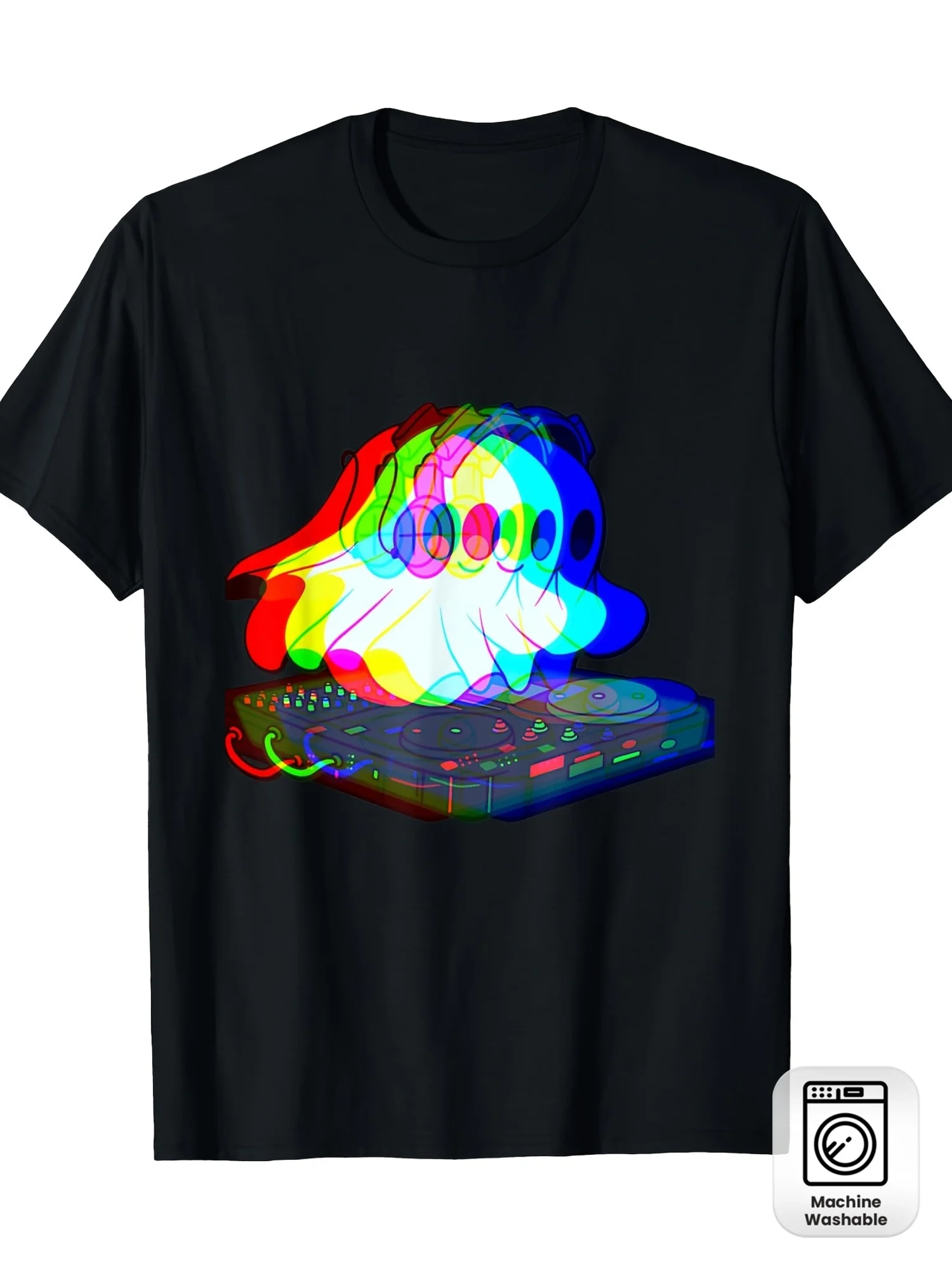 Men'S Black T-Shirt for a for Halloween Techno Rave Party Featuring a Bright Neon DJ Graphic, Short Sleeves, Crew Neck, Machine Washable, Ideal for Halloween Festivities And Everyday Use
