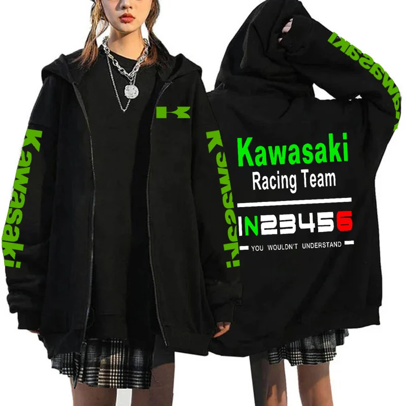 Kawasaki motosiklet logosu erkekler fermuar Hoodie 2024 İlkbahar sonbahar Y2K moda erkek kazak 2024 yeni spor kadın ceket mont