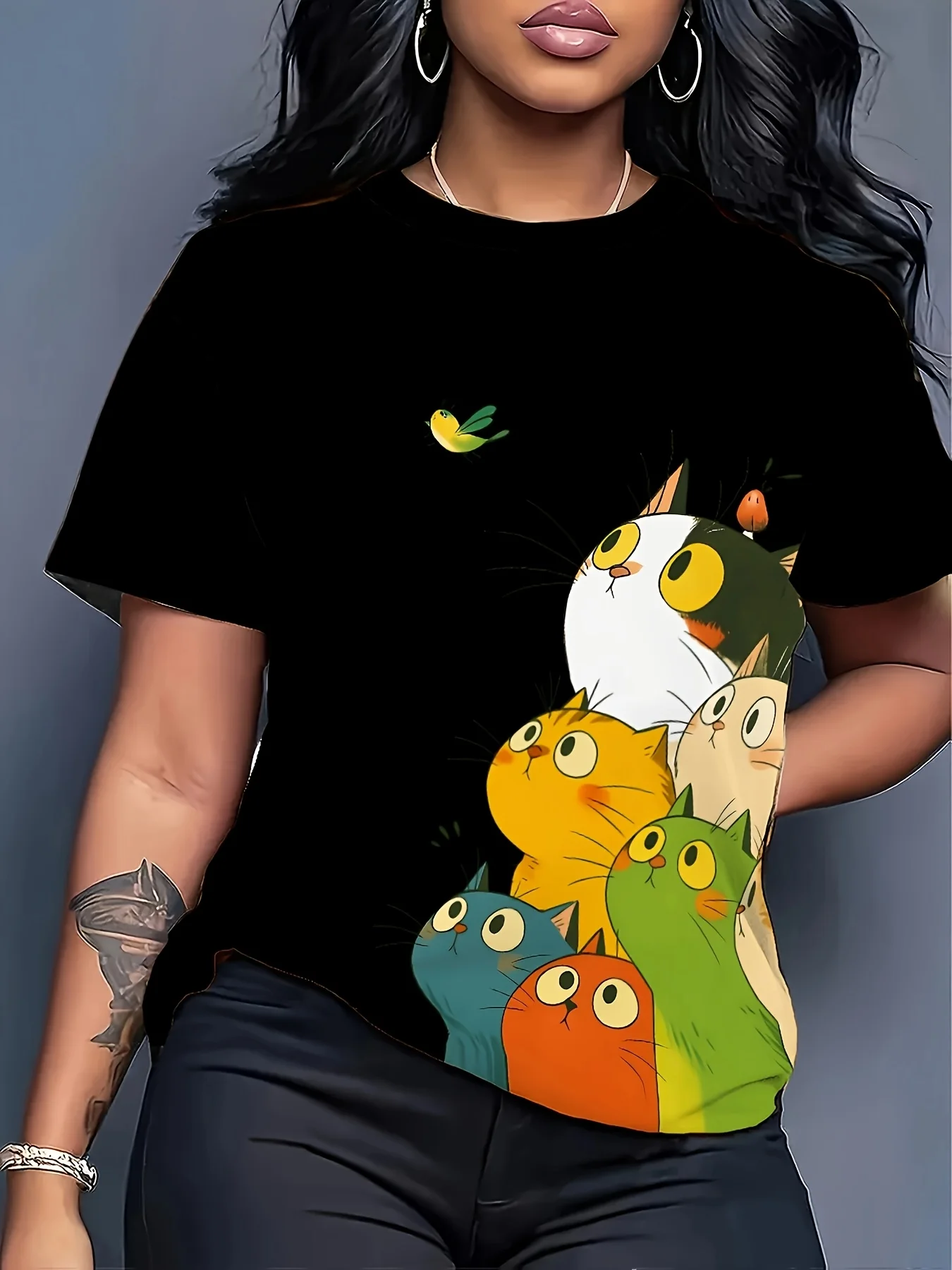 Playful Style Multicolor Kitten Print White Girls  T-Shirt, Cute Cartoon Animal Pattern Loose Short Sleeve Top, Girly