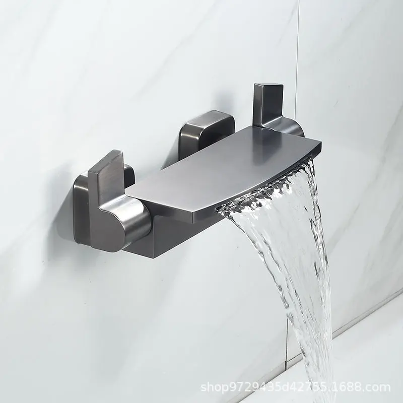 

Copper gun gray waterfall style bathtub faucet with cold and hot wall type high flow mixing valve shower shower set