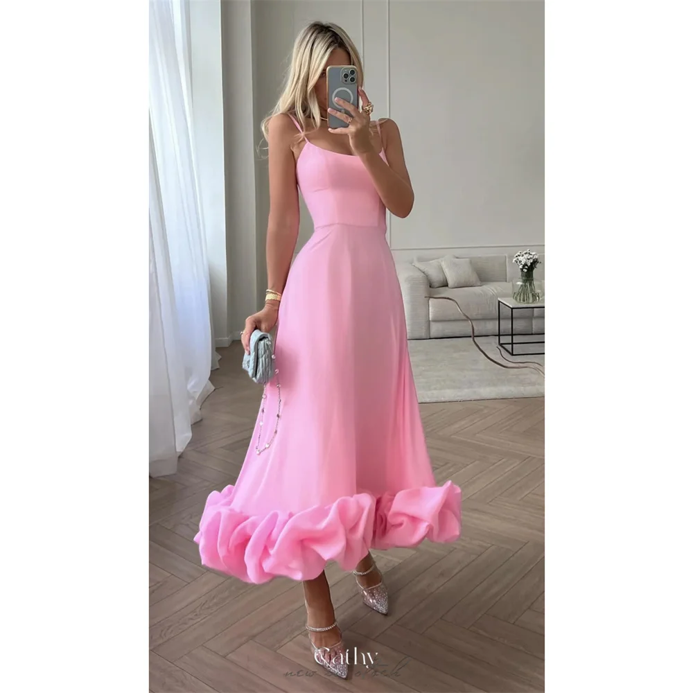 

Cathy Customized Pink Spaghetti Strap Edge Curl Prom Dress A-Line Sleeveless vestidos de noiva Ankle-Length Formal Evening 2025