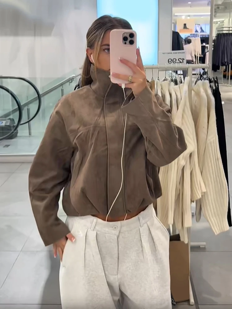 Women Retro Solid Stand Collar Full Zip Cropped Jacket Drop Shoulder Long Sleeve Short Outerwear Casual Fall Daily Street Wear