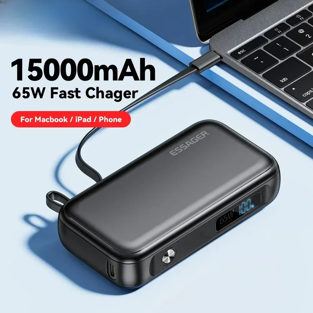 

2024 New Power Bank Portable 15000mAh in With USB C Cable External Spare Battery Pack for iPhone iPad Macbook 65W Fast Charger