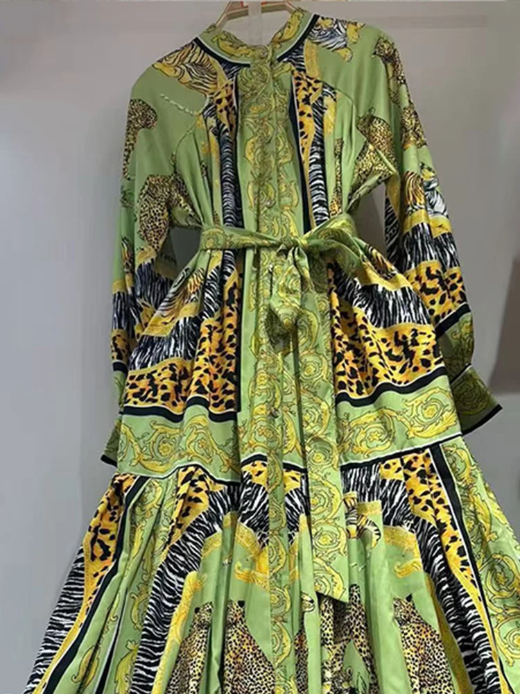 Gonna camicia in vita legata con colletto rialzato con stampa geometrica retrò 2025 gonna soffice da donna autunnale abito lungo ampio alla moda