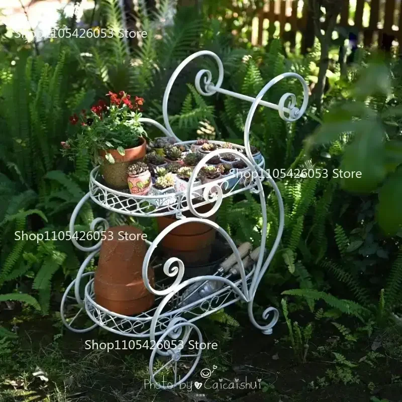 Portable Iron Garden Cart Mobile Plant Stand for Pots and Decor Balcony Flower Holder Stylish Rolling Storage Rack for Outdoor