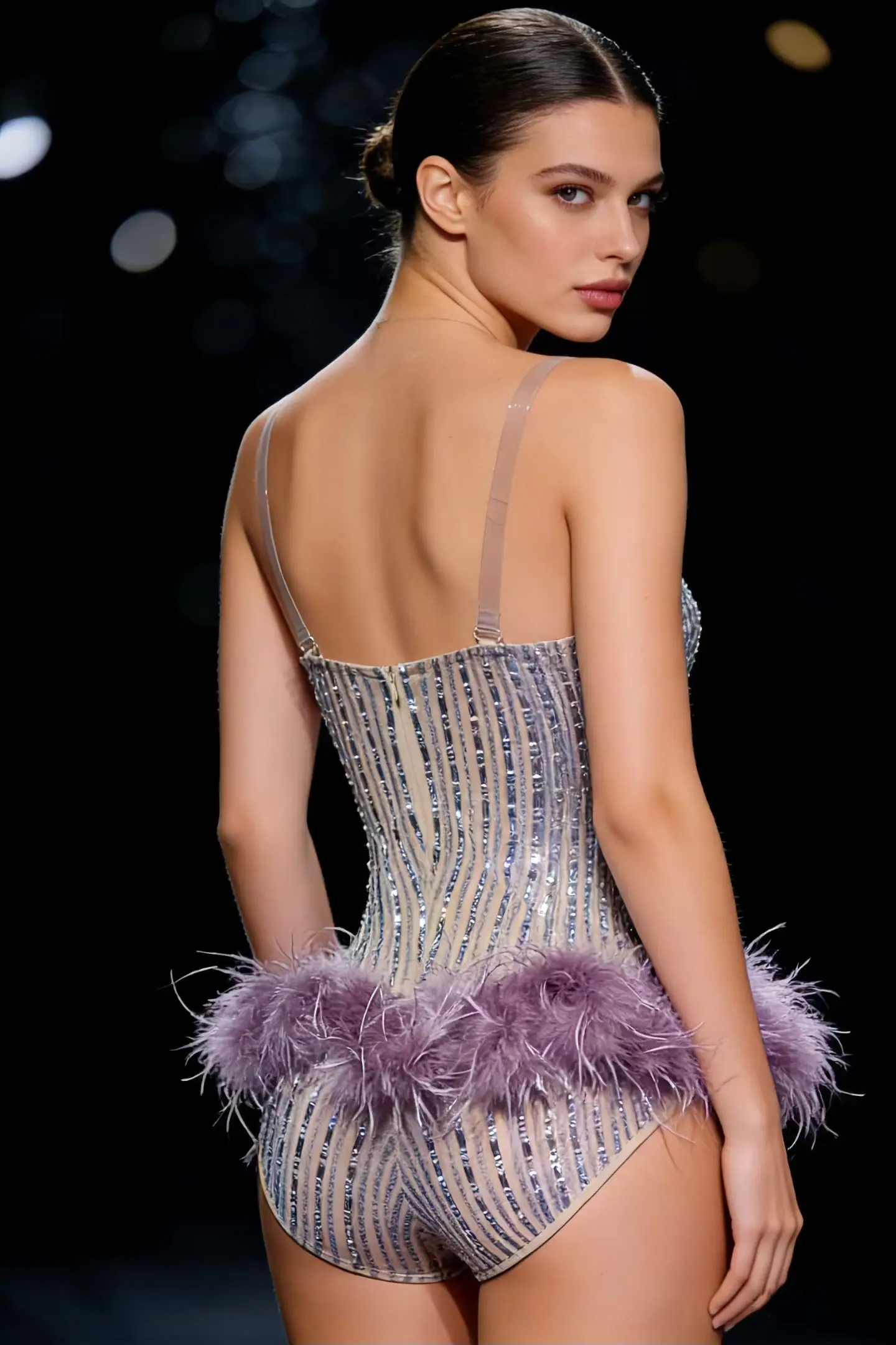 

Sparkly Rhinestone Women Sexy Slip Bodysuit Dance Show Tassel Party Crystal Bodycon High Cut Thong One Piece Leotard Zimaotiao