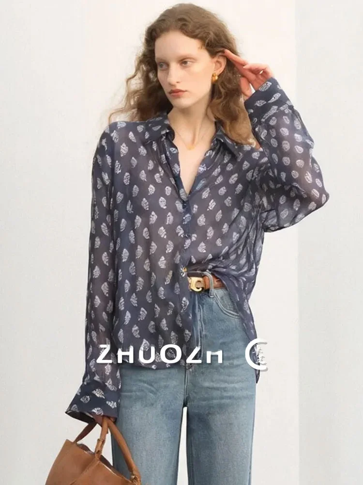 

Женская повседневная рубашка ZhuoZhi Весна 2026: Свободный крой, длинный рукав, цветочный принт, защита от солнца, тонкая, драпирующаяся, дышащая, во французском стиле