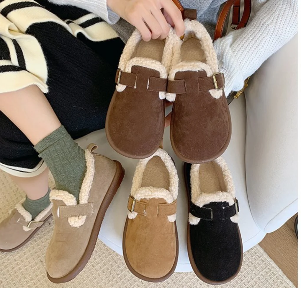 Winter Retro Women's Lamb Wool Shoes Warm Fur Flat Loafers Women Outdoor Waterproof Ankle Boots Lazy Moccasin Driving Shoes