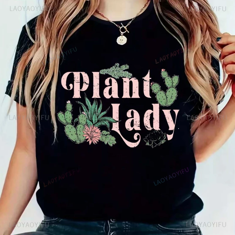 Flower and Plant Potted Plant Printed T-shirt Funny Casual Short Sleeved Cotton Top Women's Fashionable Cartoon Graphic Clothing