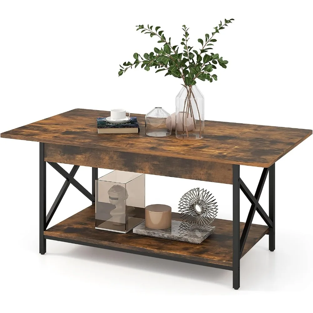 2-Tier Coffee Table with Storage Shelf, Modern Accent Cocktail Tea Table with Reinforced X-Shaped Structure, Solid Metal