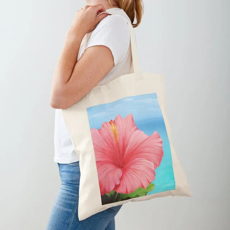 

Pink Hibiscus Flower in Front of Turquoise Sea - Tropical and Exotic Illustration Tote Bag canvas tote bag shoping bag