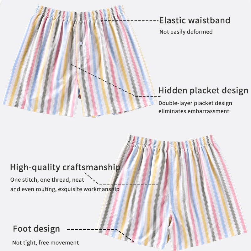 3Pcs Cotton Mens Boxer Shorts Soft Underwear Loose Striped Boxers Shorts Hombres Sleep Wear Home Wear Pants Plus Size