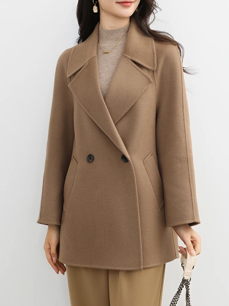 منتصف طول معطف الصوف النساء 100% الصوف معاطف قصيرة حزام واسعة طوق التلبيب الخريف الشتاء فضفاض سترة السيدات جديد # 27