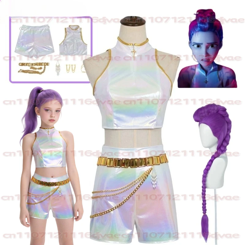 

Kpop Huntrix Demon Hunters Rumi Cosplay Costume Full Set Wig Demon Marks Tattoo Sticker Women Girls Kids Halloween Roleplay