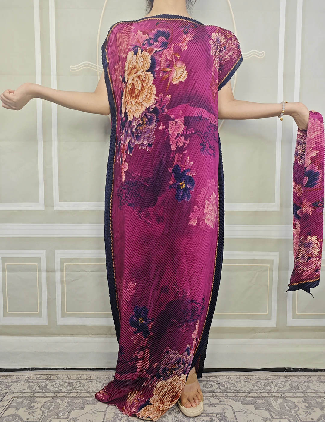 Ramadan Contrast Trim Batwing Sleeve Kaftan Dress,Elegant Pleated Dress Maxi Length Crew Neck Dress African Women's Clothing