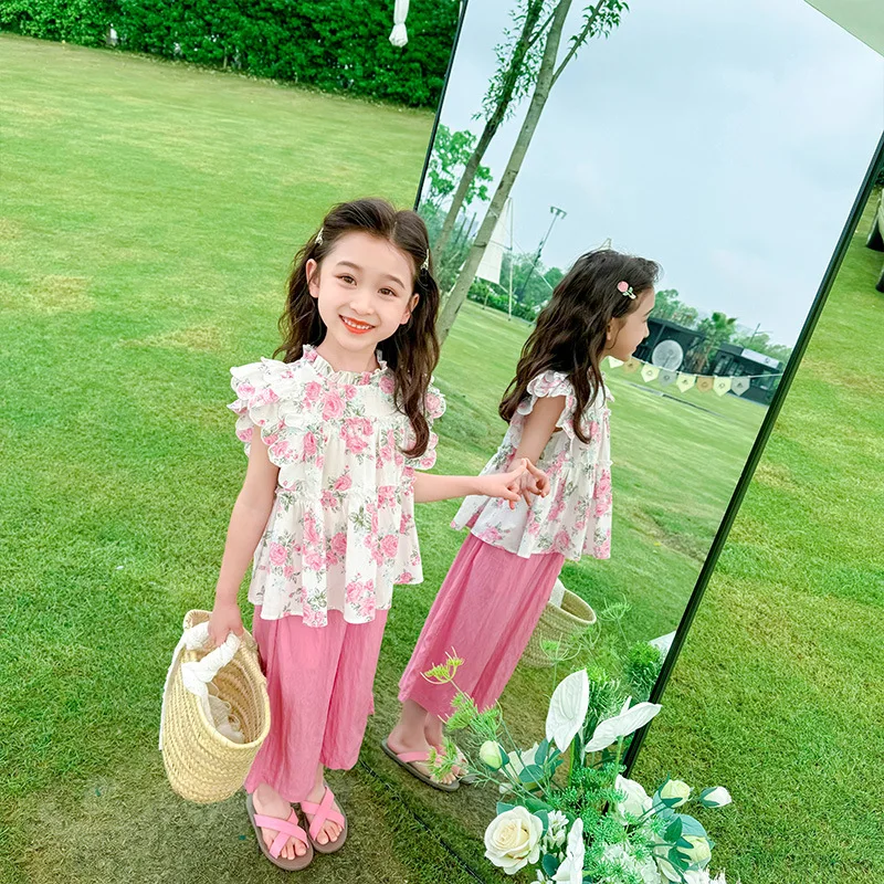 

Girls' Summer 2024 New Western Style Children's Internet Red Fashionable Clothes Little Girl Sleeveless Fragmented Flower Two