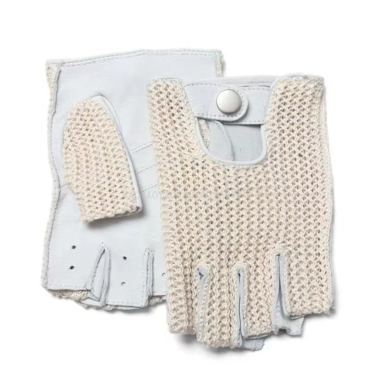 Factory Direct Genuine Leather Gloves Men Cotton Knitted Sheepskin Half Finger Riding Motorcycle Driving Car White guantes