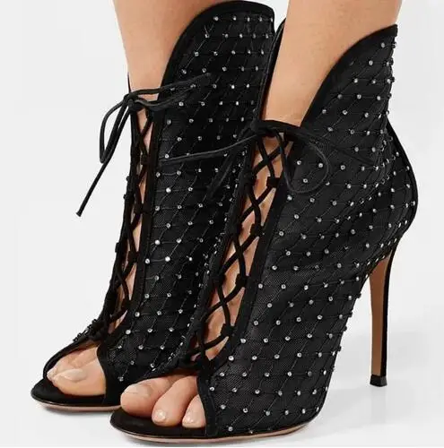 

Drop Shipping Black Suede Bling Crystal Rhinestone Cross Tied Lace Up Peep Toe Thin Heels Mid-calf Sandals Boots Banquet Pumps