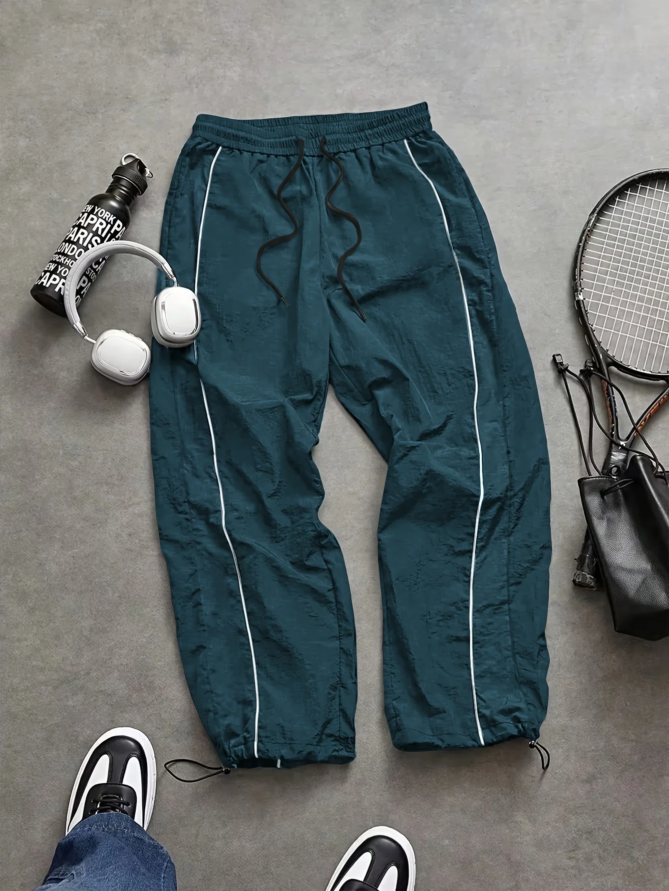 Black Windproof Casual Sport Pants with White Trim Drawstring Waist Long Trousers