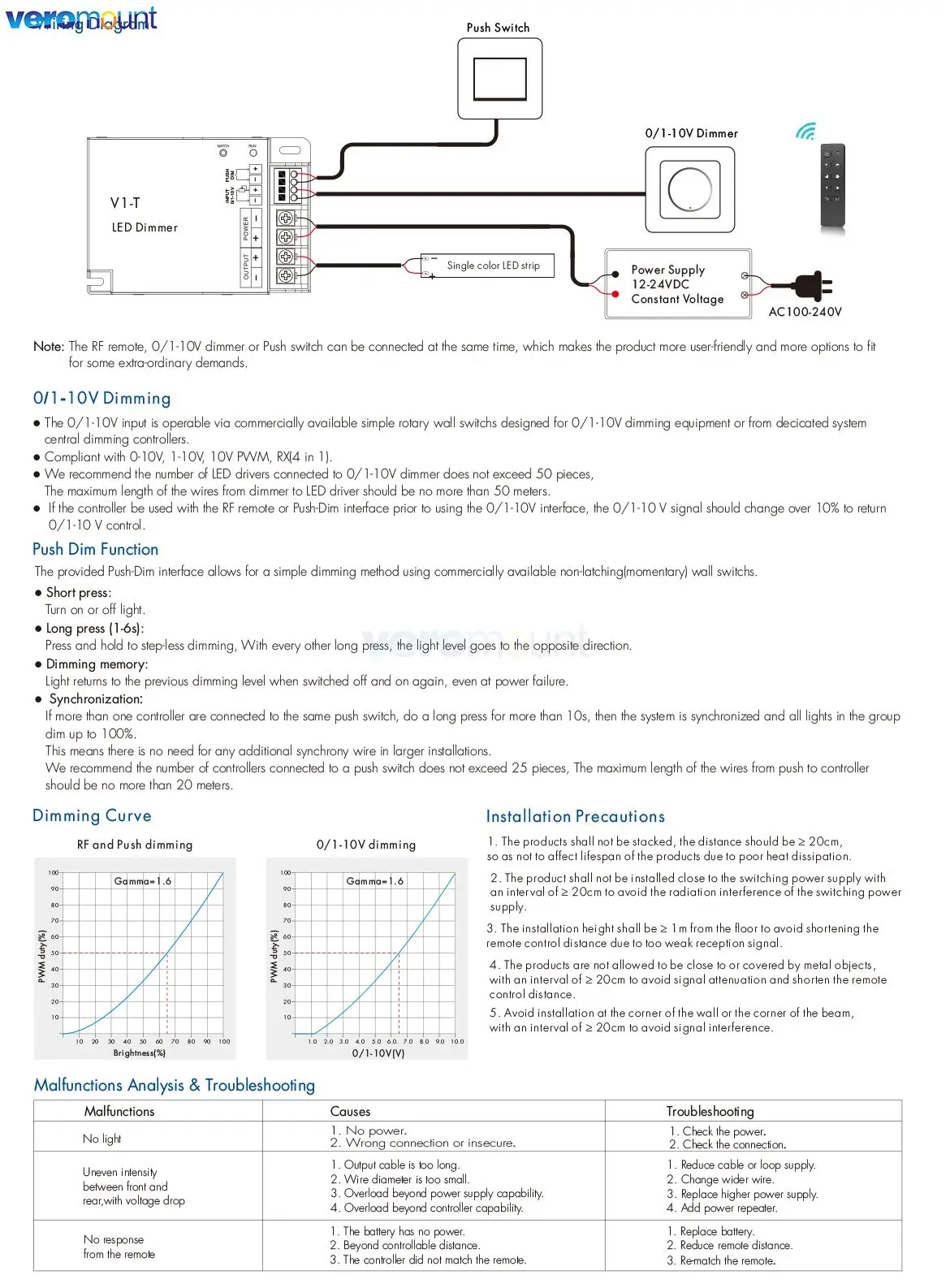 Skydance V1-T DC12V-24V led dimmer rf controle remoto sem fio push dim 0/1-10v 3 em 1 controlador de luz de tira de cor única