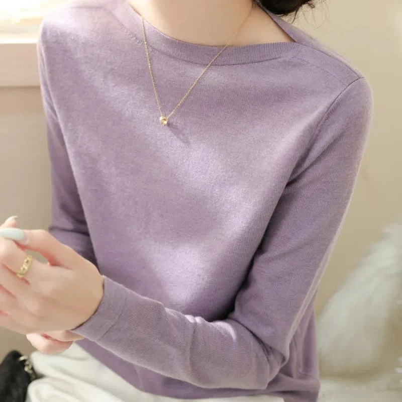 Spring Autumn Women\'s Clothing Solid Color Long Sleeve Round Neck Pullover Sweater Knitted Undershirts Casual All-match Tops