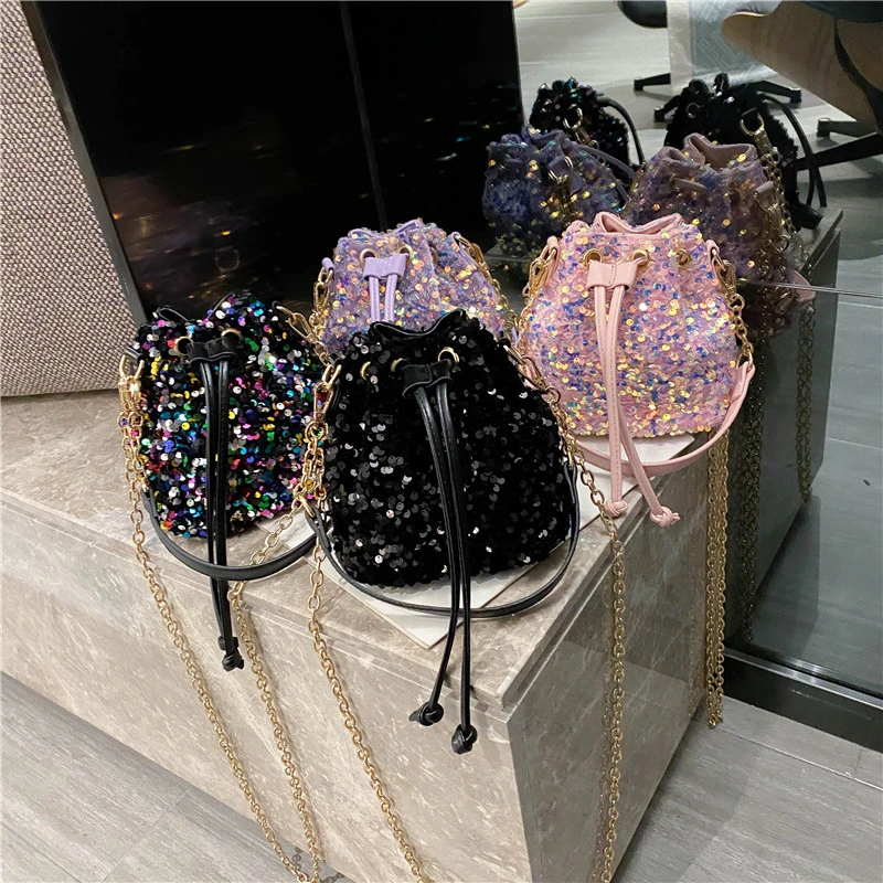 PU Sequined Bucket Shoulder and Hand Bags Soild String Chains Women‘s Bags 2024 Fashion New Style Hot Sale Bolsa Balde Feminina