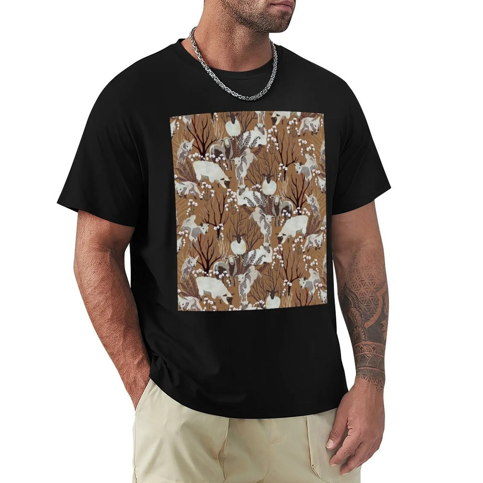 Sheep with trees and flowers T-Shirt t shirts for man slim fit T-Shirt