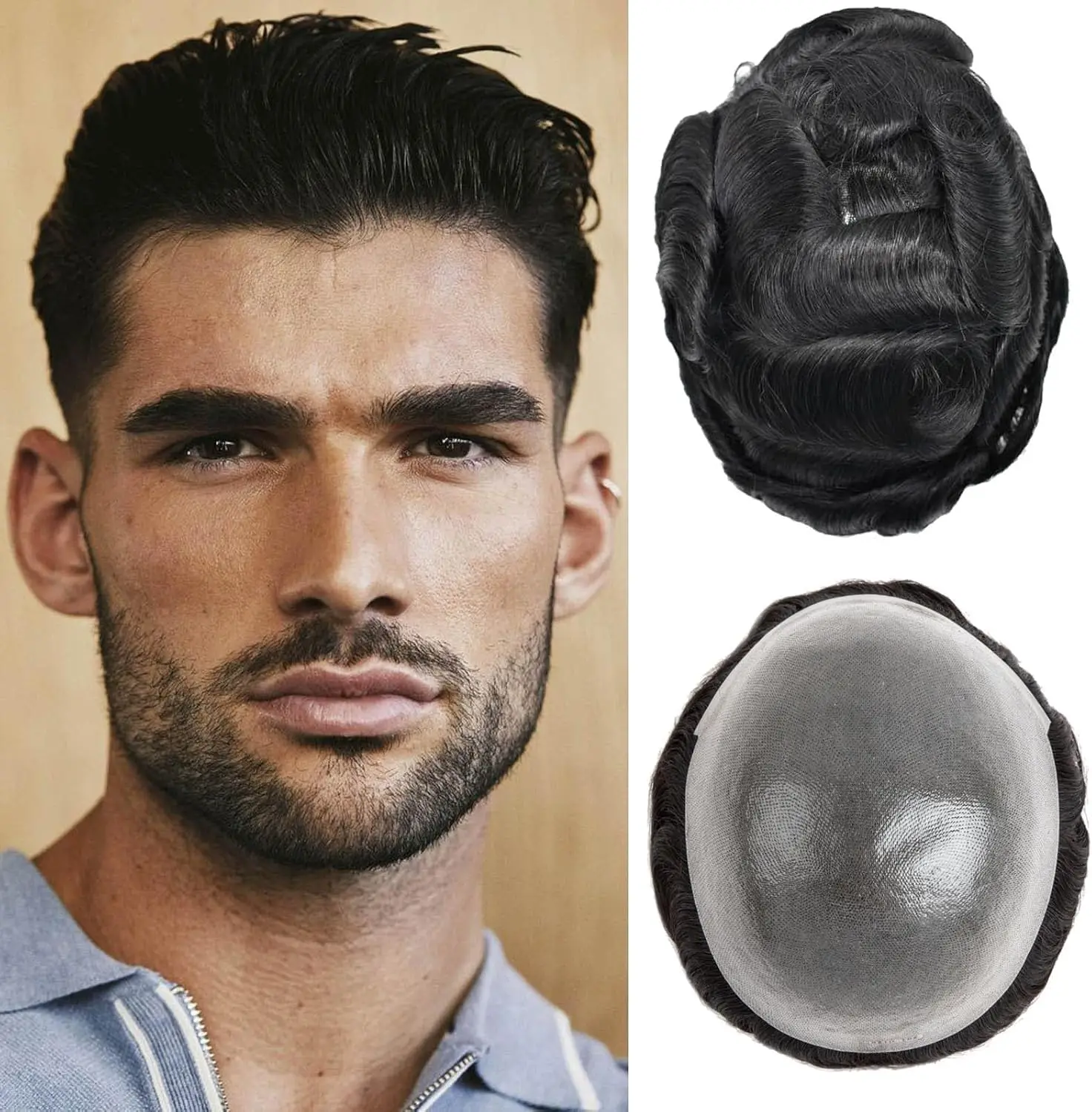 Seraphicwig 0.03mm Toupee Ultra Thin Skin PU Mens Hairpiece Silky Soft Real Human Hair Replacement System #1B Toupee Undetectable Mens Hair Prosthesis Unit Invisible V-loop Hairline 8x10 Natrual Black