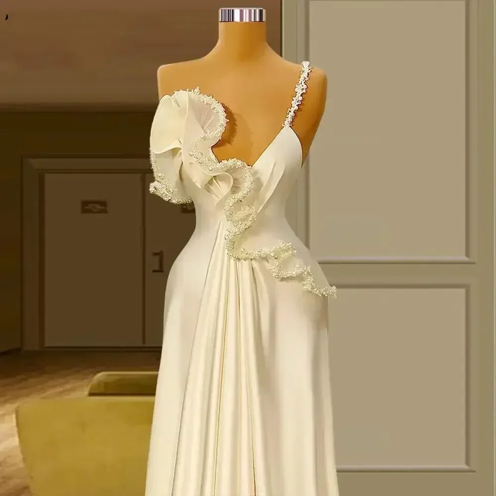 Customized Pretty Ivory Satin A Line Pearls Spaghetti Strap Wedding Dress Court Train Satin Unique Ruffles Garden MMaterninty