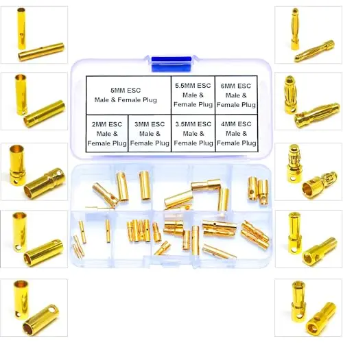 

ESC Male Female Plugs Assorted Kit, RC Bullet Connectors 2mm 3mm 3.5mm 4mm 5mm 5.5mm 6mm Female Male Gold Bullet Connector