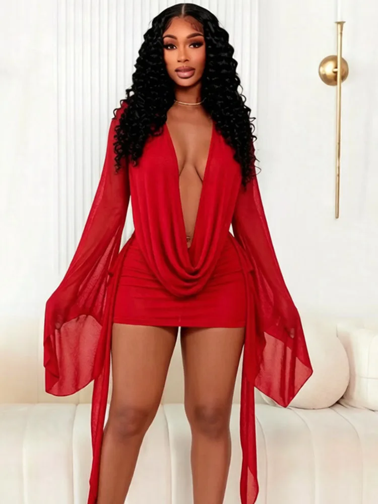 Sexy Mesh See Through Flare Sleeve Bodycon Mini Dress Woman Birthday Party Club Wear Deep V-neck Backless Short Dresses Holiday